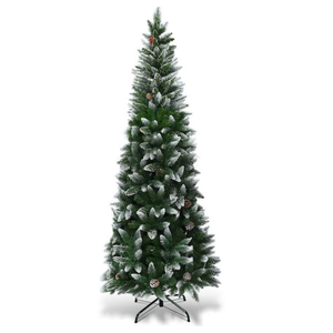 7.5 ft. Unlit Snow Flocked Artificial Pencil Christmas Tree Hinged with Pine Cones