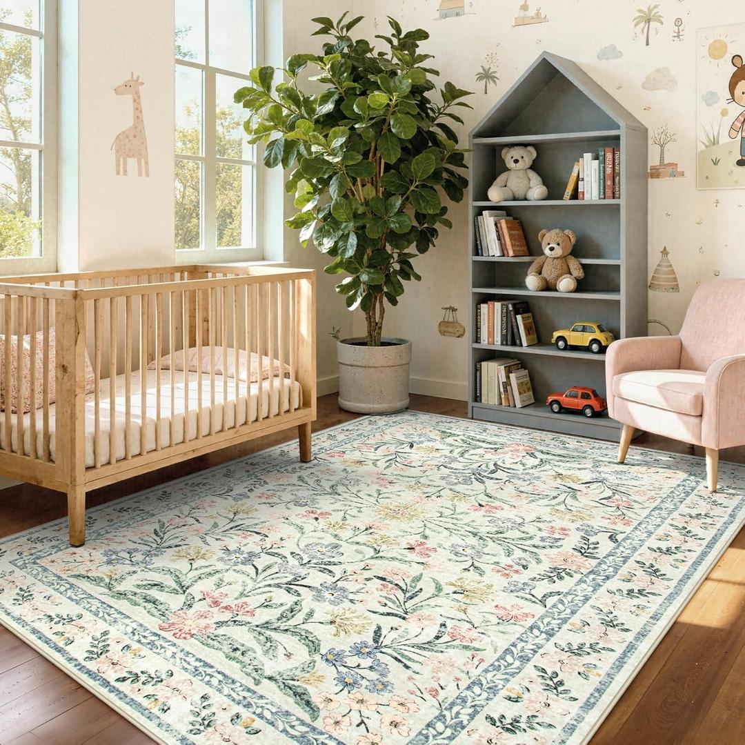 Wonnitar Boho Floral Washable Rugs 5x7, Soft Area Rugs for Bedroom, Ultra-Thin Non Slip Beige Area Carpets, Flower Print Decor Carpet for Living Room Nursery Dining Room Office