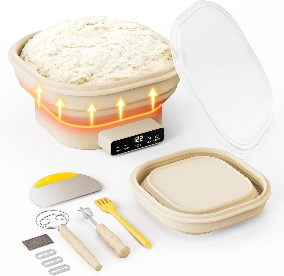 Heating Banneton Bread Proofing Basket, SMOOTHARMOR Electric Silicone Sourdough Starter Kit, 2L Foldable Thermostatic Sourdough Bread Baking Supplies, Timer & 6 Temp Settings, Dishwasher Safe, 7 Tools