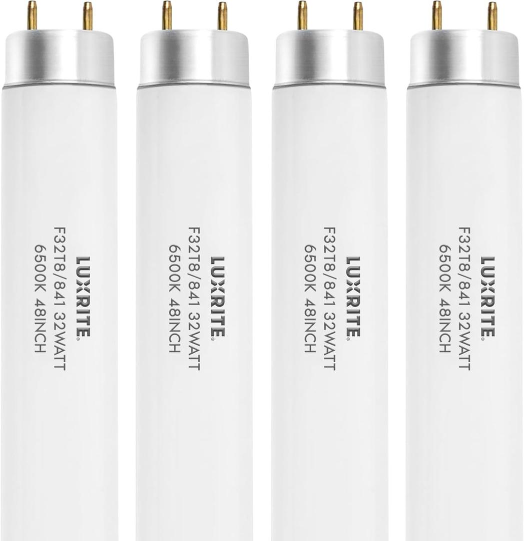 LUXRITE F32T8/865 48 Inch T8 Fluorescent Tube Light Bulb, 6500K (4-Pack)
Daylight, 32W, 2800 Lumens, G13 Medium Bi-Pin Base, Model LR20735, 13,000-Hour Life, 120V, CRI 80, Glass Tubular
