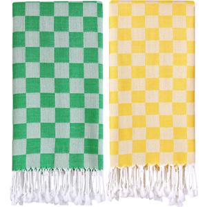 2 Packs Checkered Plaid Turkish Beach Towel Beach Blanket Sandproof Fast Drying Extra Large Match Tote Bag Lounge Chair Umbrella Tent Dress Toy Canopy Outfits Cart Sandal Shoes Games Shirts Pants