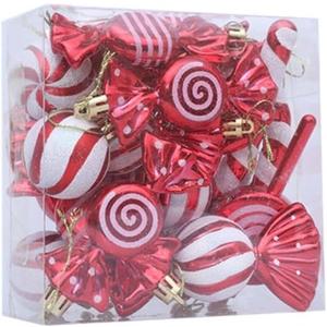 18Pcs Christmas Tree Ornaments Set Christmas Decorations For Festive Home Dcor With Candy And Lollipop Design, Red And White Plastic(Red)