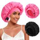 2Pcs Bonnet for Sleeping Women, Satin Adjustable Silk Hair Bonnet for Sleeping, Wide Band Sleep Caps for Curly Hair, Black & Rose Red