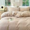 LifeTB Tan Gingham Comforter Set King Modern Style Beige Plaid Comforter Set 3 Pieces Soft Fluffy Grid Checkered Pattern Comforter with 2 Pillowcases Farmhouse Gingham Plaid Bedding Set King