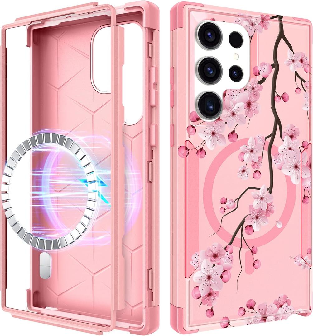 LISEVO for Samsung Galaxy S24 Ultra Case - [Compatible with MagSafe] Women Girls Cute Magnetic Protective Phone Cover Flower Girly Pretty Heavy Duty Shockproof Funda para Samsung S24 Ultra Cases (Blossom)