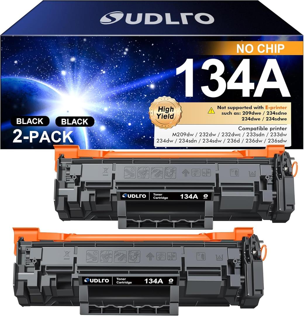 (No Chip) 134A Toner Cartridge Replacement for HP 134A Black Toner Cartridge W1340A 134X W1340X for HP Laserjet Pro M209dw 232dw 232dwc 233sdn 233dw 234dw 234sdw 236dw 236sdw Series Printer, 2 Packs