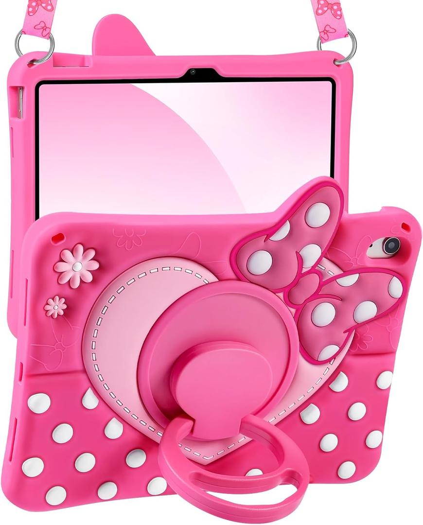 Boaretiu Kids Case for iPad A16 11th Generation 11 Inch 2025/for iPad 10th Gen 2022 10.9 Inch - Cute Girly Cartoon Soft 3D Silicone Cover with Strap & Rotating Stand for Girls Teens, Bow Heart
