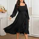 SCOMCHIC Women Plus Size Cocktail Dress Formal Long Sleeve Wedding Guest Smocked High Low Ruffle Dress with Belted (XX-Large Plus, Black)