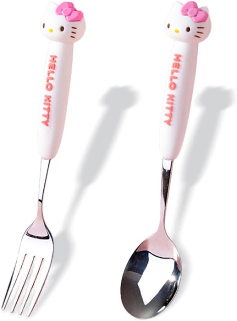 2 PCS Spoon and Fork Set, Cute Stainless Steel Silverware Set, Cartoon Salad Forks and Soup Spoons, Gift for Her (White)
