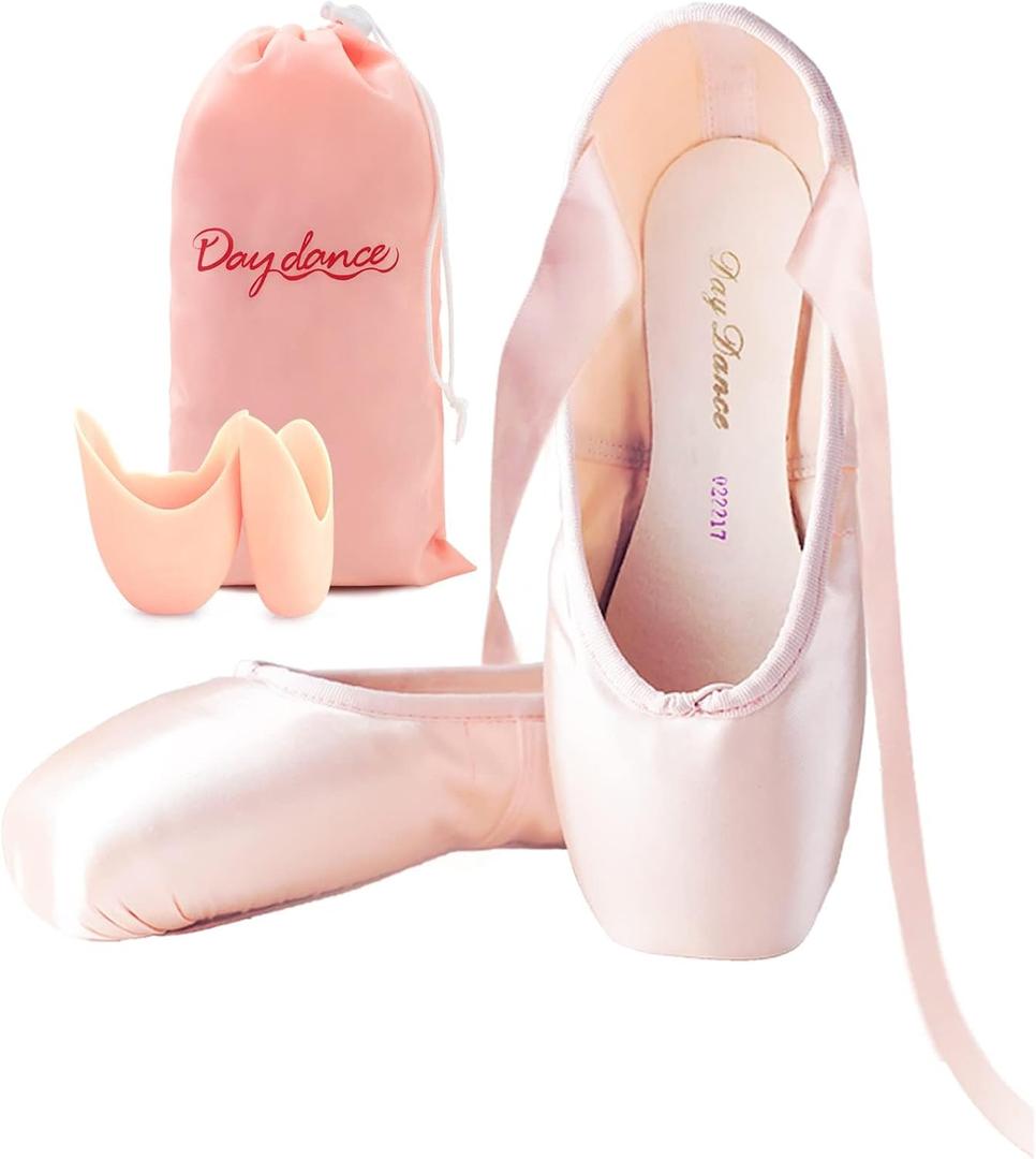 Daydance Women's Pointe Shoes Pink Ribbon Ballerina Ballet Shoes with Silicone Toe Pads (Light Pink, 6.5)