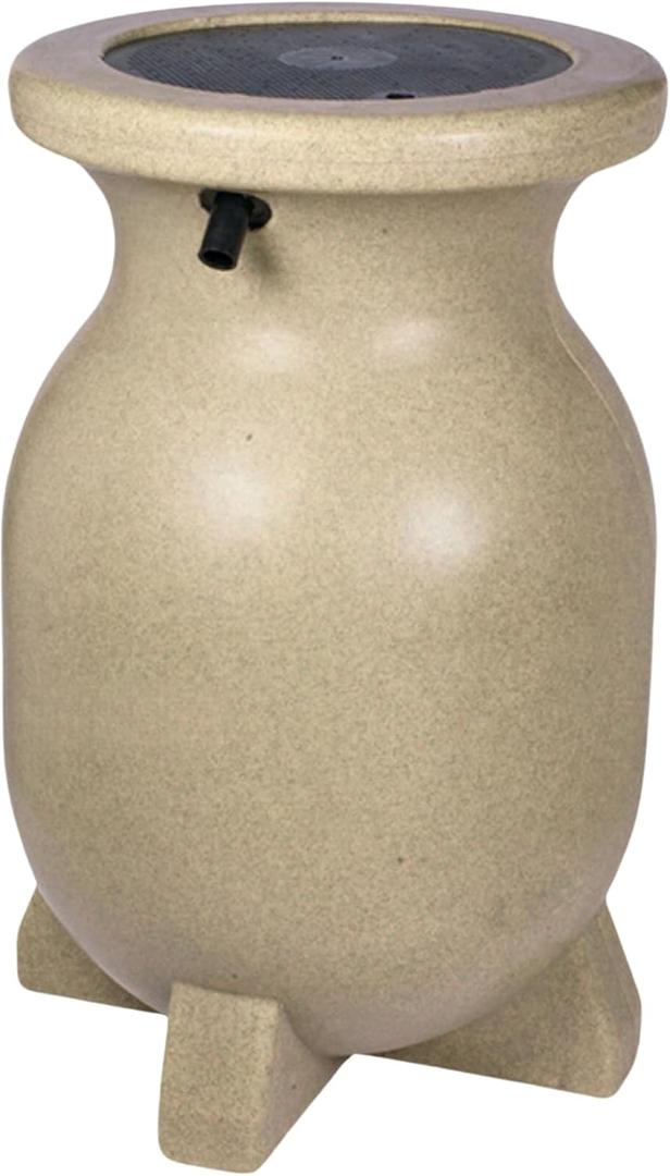 Eco-Friendly 55-Gallon Stone-Look Rain Barrel with Brass Spigot, Durable Recycled Plastic, Removable Debris Screen & Versatile Water Outflows  Sustainable Water Conservation Solution for Gardens
