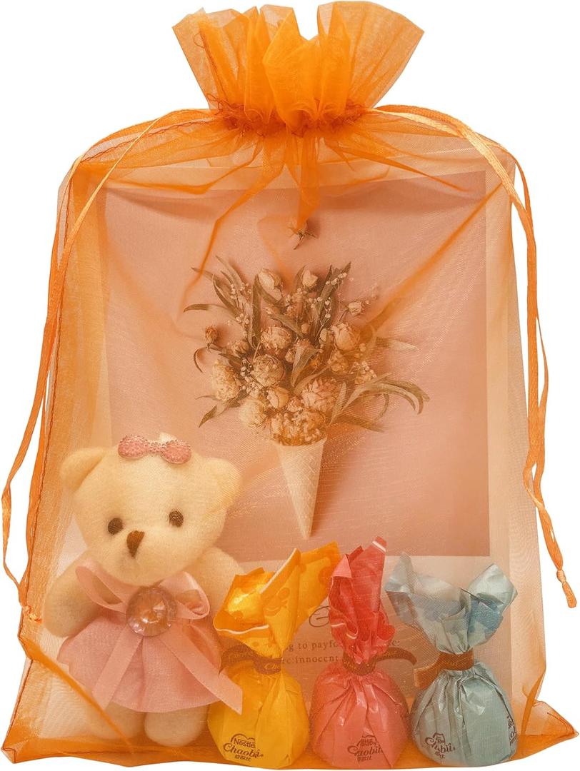 Jexila 50 Pack Orange Organza Gift Bags 8X12 inch Mesh Drawstring Pouch Easter Goodie Candy Treat Bag for Kids Halloween Easter Party Favor