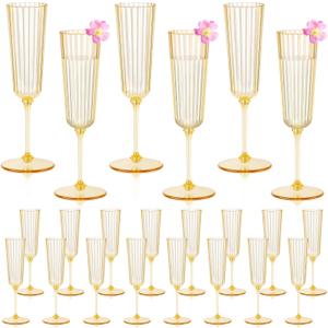 24 Pack Plastic Champagne Glasses Gold Unbreakable Ribbed Champagne Flutes Detachable 5.5 Oz Disposable Wine Stemware Glasses Toasting Cups for Wedding Baby Shower Engagement Thanksgiving Christmas