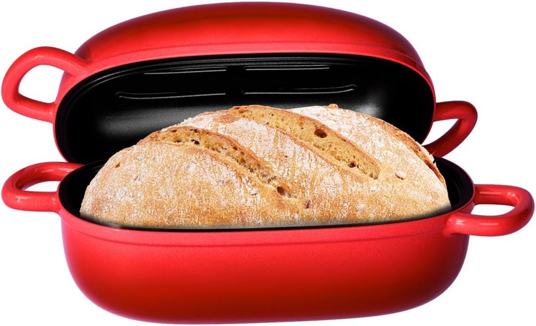 Dutch Oven for Bread Baking 9x6 Inch - 2.5QT Bread Pans for Homemade Bread Cast Iron Bread Pan Dutch Oven Loaf Pan with Lid and Loop Handles for Homemade Breadmaking, Red