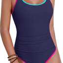Blooming Jelly Womens Tummy Control Bathing Suit Modest One Piece Swimsuits Slimming Scoop Neck Neon 2026 Swim Suit (X-Large, Dark Blue)