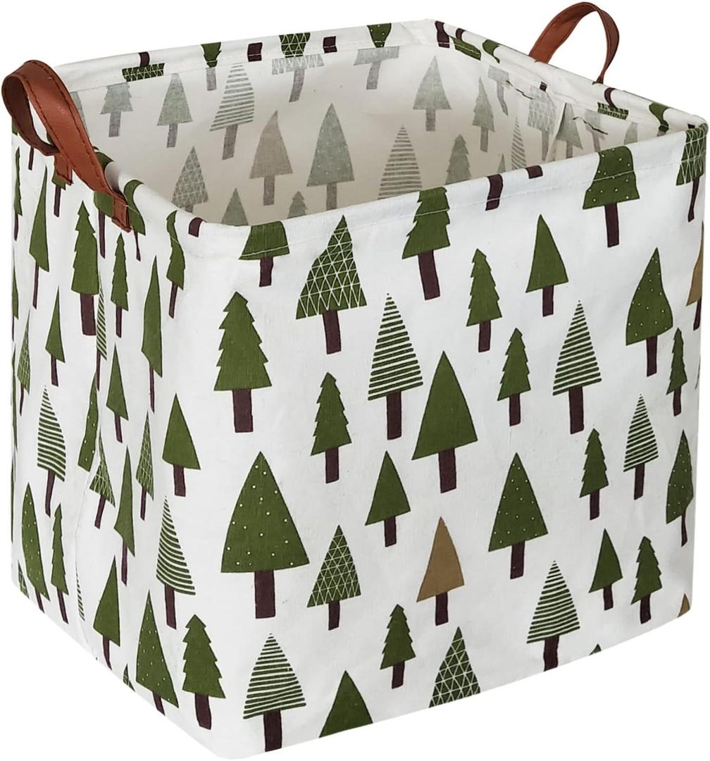 Square Woodland Storage bin, Nursery Basket,Collapsible Green Storage Box with Handles for Nursery Storage. (Square Tree)