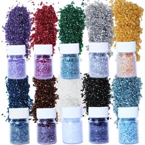 10Colors - 1LB Crushed Glass for Crafts Glitter Resin Art, Small Broken Glass Pieces Metallic Crystal Chips DIY Vase Filler Decoration 1-3mm (Metallic)