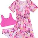 AIDEAONE 5-16T Girls Bathing Suit 3 Piece Swimsuit Drawstring Quick Dry Tankini with Cover Ups (9-10 Years, Pink Butterflies)