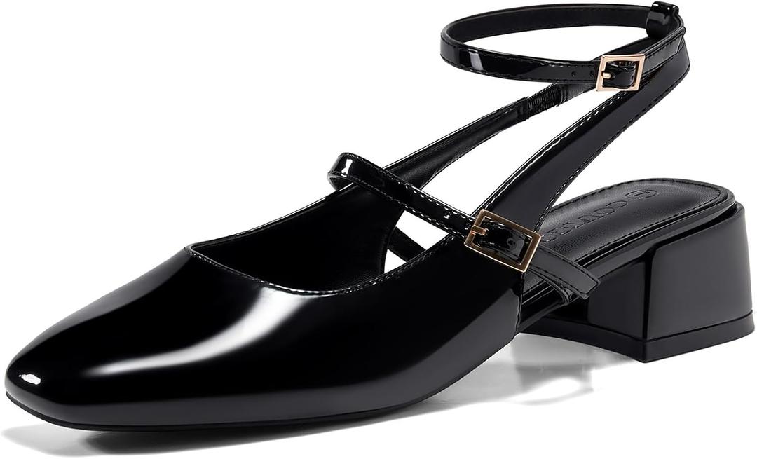 Coutgo Womens Mary Jane Chunky Low Heels Closed Square Toe Ankle Strap Pumps Wedding Party Dress Shoes (Black), Size: 9