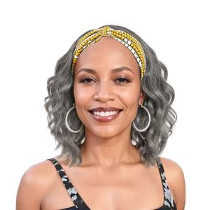 Silver Grey Wavy Headband Wig For Black Women Curly Half Wigs With Headband Attached Synthetic Wrap Wigs For Women(Gray)