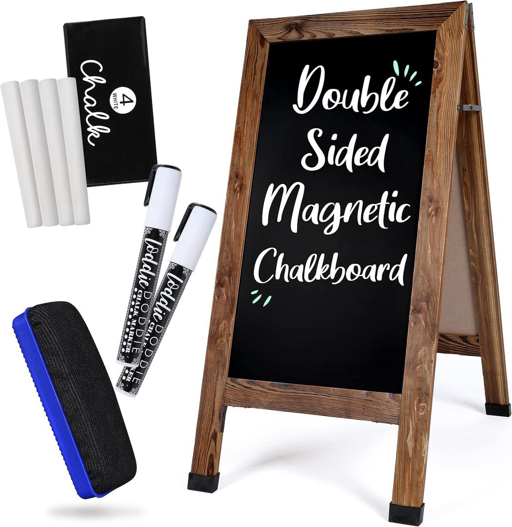Loddie Doddie Chalkboard Sandwich Board Sign - 40 x 20 in, Brown - Dual-Sided Magnetic Chalkboard Surface - Locking Hinges & Non-Slip Feet for Blackboard Stability - Smooth Erasing for Menu Signs