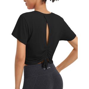 baleaf Women's Open Back Workout Tops Short Sleeve Crop Yoga Shirts Lightweight Athletic Gym Exercise T-Shirts (Black) S