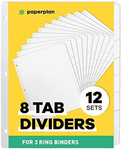Binder Dividers with Tabs - (Set of 12) x 8-Tab Dividers for 3 Ring Binders, White, Reinforced Edge - Ideal for Keeping Your Documents Neat and Professional