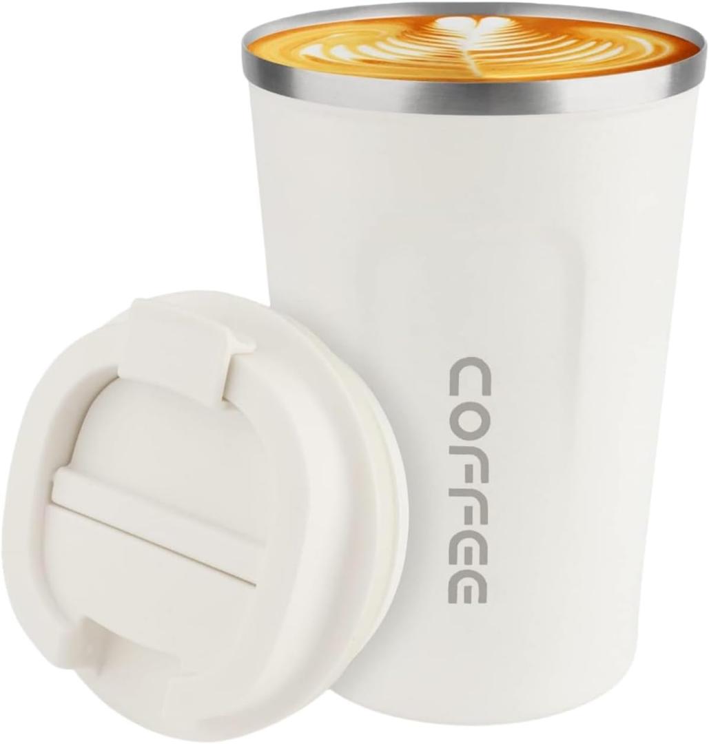 Insulated Travel Coffee Mug,Reusable Coffee Cups with Leakproof Lid,Stainless Steel Portable Coffee Tumbler,Spill Proof Thermos Cup for Keep Hot or Ice Coffee Milk Tea and Beer (White, 380ml)