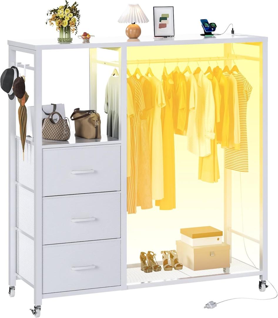 Dresser with Hanging Rack, Cute Wardrobe Dresser with Charging Station and LED Lights, White Dresser with 3 Drawers and 2 Tier Shelves, for Hallway, TV Stand Use