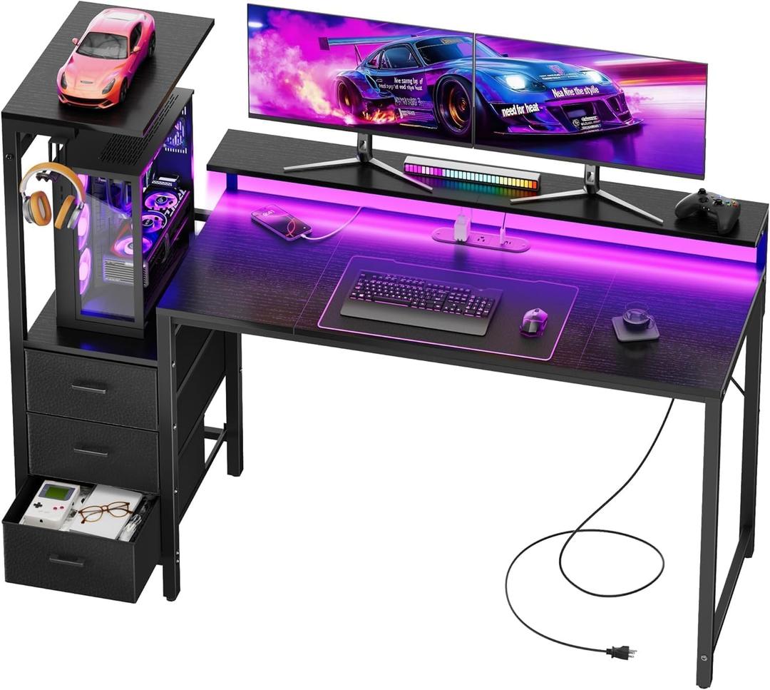 HLDIRECT 60 Inch Gaming Desk with Power Outlets & LED Lights, Black