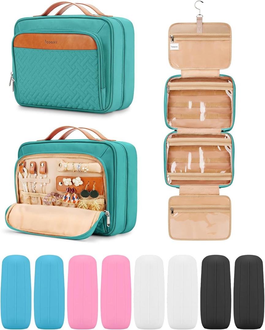 Travel Hanging Toiletry Bag for Women and Men, with 8 Leak Proofing Silicone Bottle Covers, Waterproof Makeup Accessories, Cosmetic Essentials, Toiletries Dopp Kit Set with Jewelry Organizer, Blue