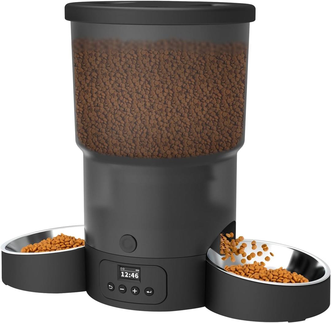 SURDY Automatic Cat Feeder for 2 Cats, 20 Cups/5L Automatic Food Dispenser for Small Pets Auto Cat Feeder for Dry Food, Dual Power Supply and Timer Setting 12 Portions 6 Meals Per Day