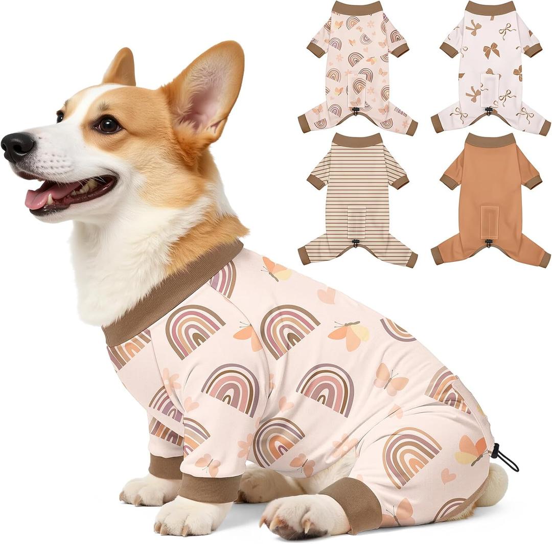Bienbee Dog Pajamas, 4 Pack Dog Recovery Suit Shedding Suit Cute Soft Puppy Clothes Dogs Pjs Onesies Jammies Adjustable Breathable & Stretchy Clothes for Small Medium Large Dogs Girl Boy Puppy-XL