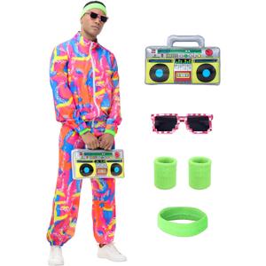 80s Outfit for Men Women,Neon Retro Tracksuit 90s Windbreaker Costume,Hip Hop Party Workout Track Suit Clothing (X-Large)