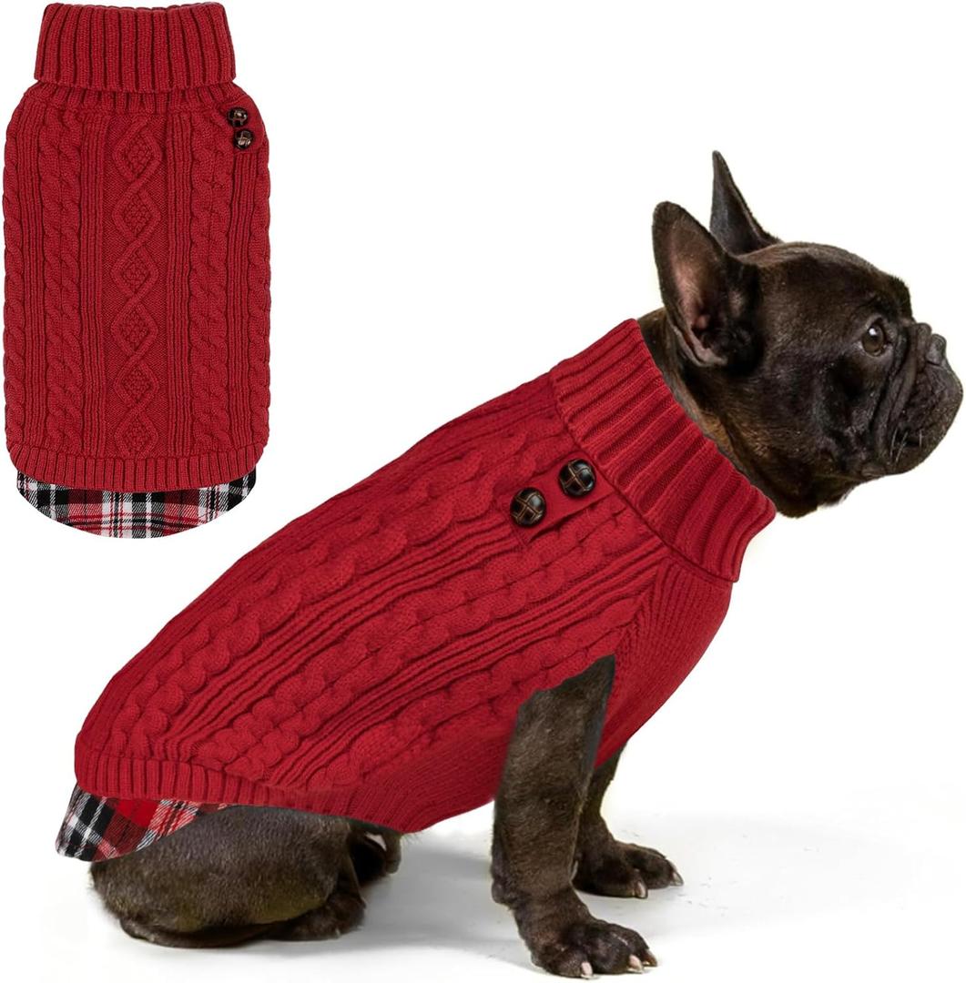 KYEESE Dog Sweater Soft Pullover Dog Sweaters for Small Dogs Girl Warm Turtleneck Small Dogs Sweater Stretchy Knitwear Cat Clothes with Gingham Patchwork Comfy Pet Coat for Fall Winter Cold Weather (Large13-19lbs, 2# Red)