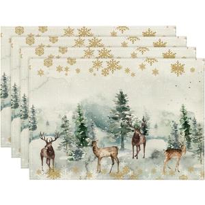 Artoid Mode Watercolor Deer Trees Snowflakes Christmas Placemats for Dining Table, 12 x 18 Inch Seasonal Winter Xmas Holiday Rustic Vintage Thanksgiving Washable Table Mats Set of 4 (Green)