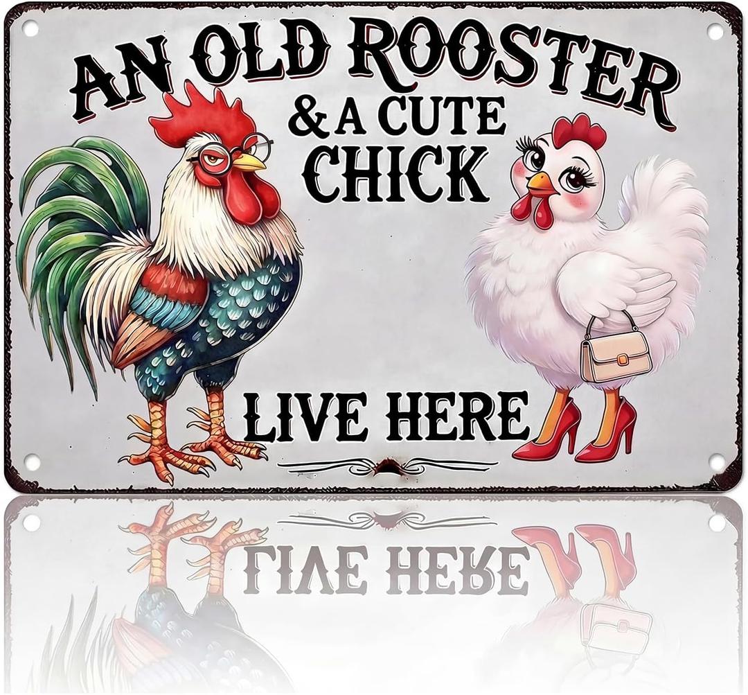 Chicken Lover Gift Idea - Humorous Metal Coop Sign, Farm Animal Tin Art for Home, Kitchen, Garden, 8x12 Inch Vintage Style Decorative Plaque with Holes