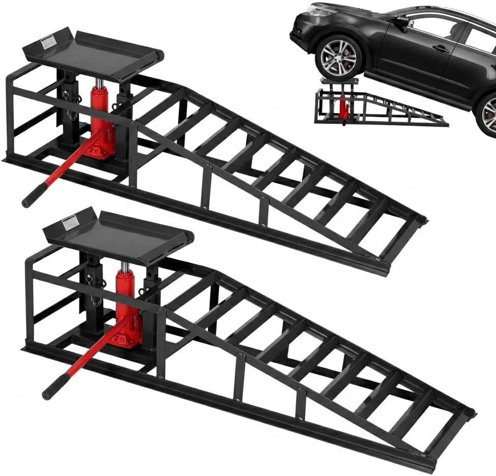 2 Pcs Hydraulic Car Ramps, 5 Ton (11,065 LBS) Heavy Duty Steel Car Lift Ramps with Hydraulic Jack for Oil Changes & Truck Repair, 9.4"-13.34" High Lift, Home Garage Vehicle Ramps (Black)