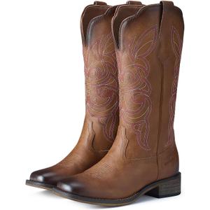 Rollda Cowgirl Boots Cowboy Boots for Women Square Toe Mid Calf Western Boots Ladies Fashion Boots with Chunky Heel, Size 9 