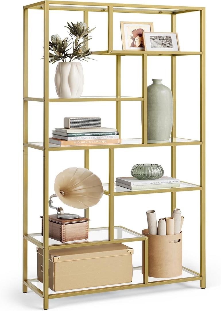 VASAGLE Bookshelf, 6-Tier Tall Bookcase, Display Shelf, Plant Stand, 11.8 x 31.5 x 70.9 Inches, Tempered Glass, for Study, Office, Living Room, Bedroom, Kitchen, Metallic Gold ULGT502A01