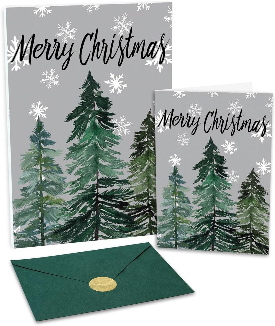 GEEORY Boxed Christmas Greeting Cards 5" x 7" Watercolor Xmas Tree & Snowflake (24 with Envelopes & Stickers) | Bulk Holiday Cards for Winter Gifting Green Grey GH003