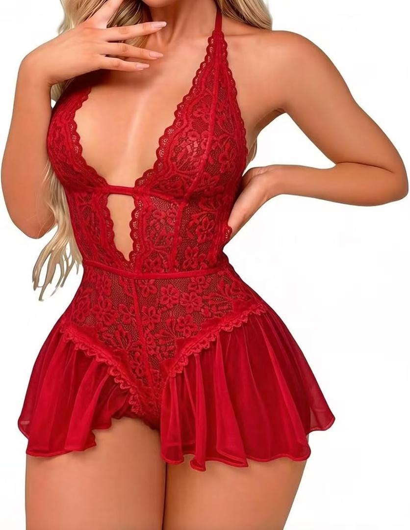 Sexy Lingerie for Women Lace Bodysuit One Piece Teddy Mini Babydoll Mesh Sleepwear V Neck Chemise Nightgowns XL