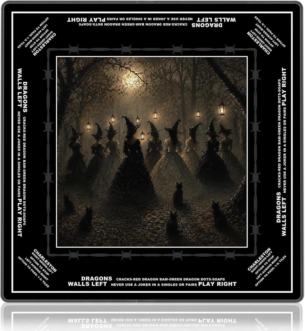 Black Halloween Witch Cat Mahjong Mat for Table 31.5x31.5,Board Games Gifts