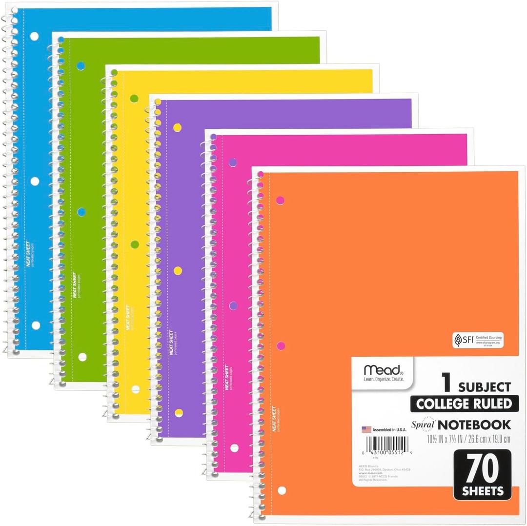 Mead Spiral Notebook, 6 Pack, 1 Subject, College Ruled Paper, 7-1/2" x 10-1/2", 70 Sheets per Notebook, Assorted Bright Colors (830050-ECM)