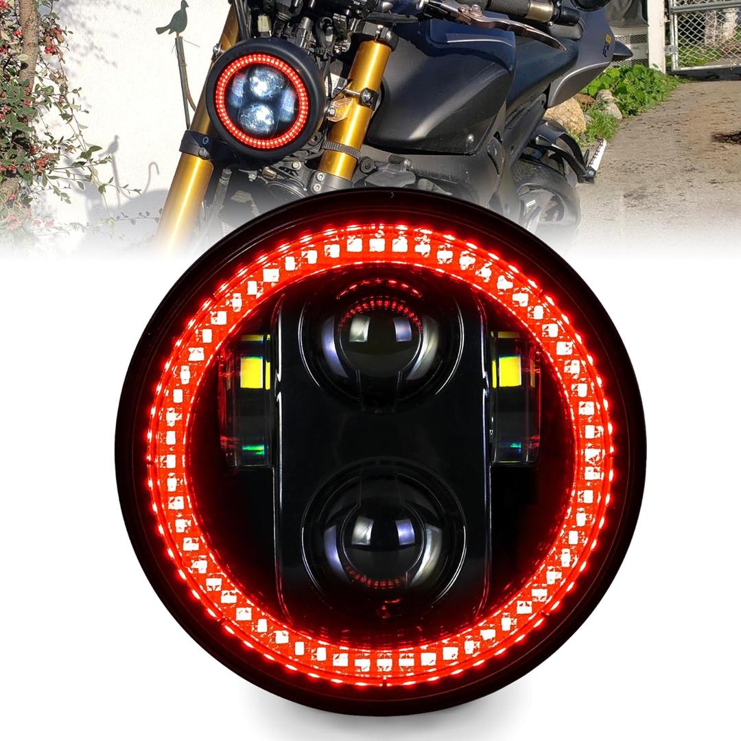 5 3/4 5.75 Inch Red LED Headlight for Motorcycle with EMC Compatible with Iron 883 Dyna Street Bob Super Wide Glide Low Rider Night Rod Train Softail Deuce Custom Sportster