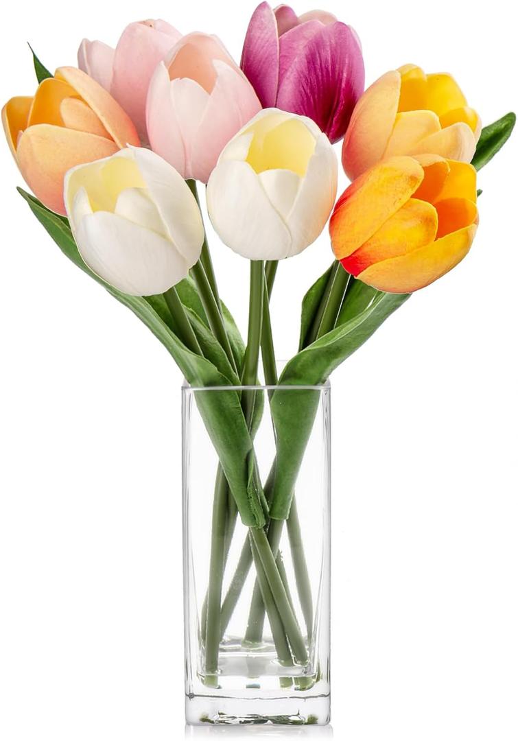 Briful Fake Flowers Artificial Tulip Flower in Clear Vase, Multi Color Real Touch Foam Tulip Arrangement Suitable for Home Office Decoration, Dining Table Centerpiece