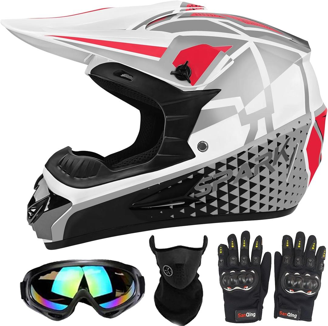 Youth Motorcross Helmet, Kids Dirt Bike Helmets, Motorcycle Helmets Off-Road Mountain Bike BMX MX ATV Helmet with(Gloves Goggles Mask) 4Pcs Set - DOT Approved (W-Gray, Medium)