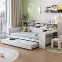 Bellemave Twin Corner Bed Frame with Storage Shelves and Desk, Wood Twin Size Daybed with Bookcase and Trundle, Antique White