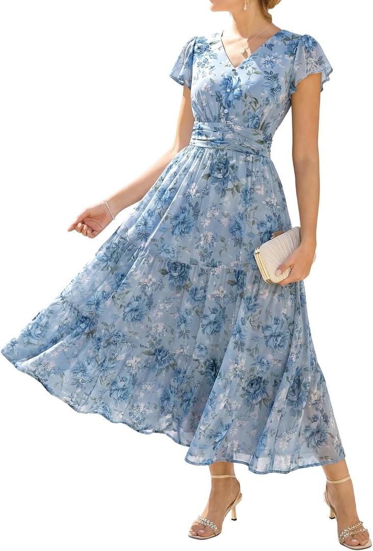 GRACE KARIN 2026 Women Summer Dress,Maxi Short Sleeve Floral Dresses,Semi Formal Flowy Wedding Guest Dress with Pocket (Blue, XL)