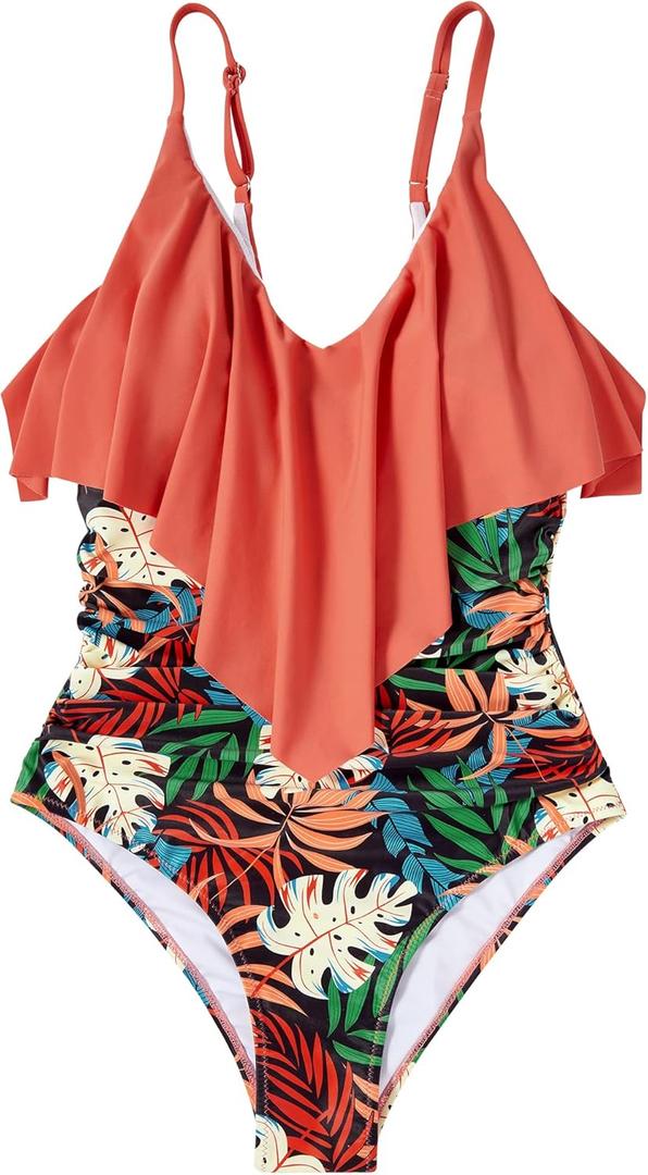 SUUKSESS Women Slimming Ruffle One Piece Swimsuits Ruched Tummy Control Bathing Suits (Small,  Coral Pink Leaf) 